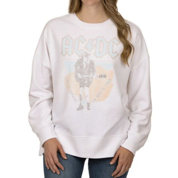 ACDC Graphic Print Rock Band Fleece Sweatshirt White XXL Women Pullover NEW - Picture 1 of 5